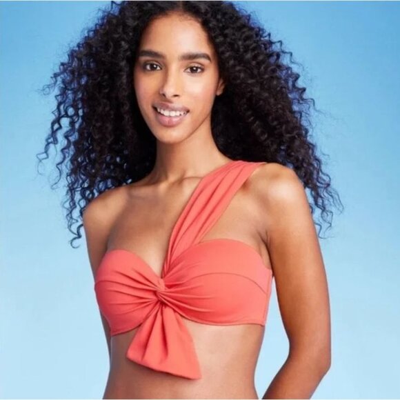 SHADE & SHORE BIKINI TOP ONE SHOULDER TWIST FRONT BOW TAIL WOMEN'S RED CORAL NWT - Picture 1 of 7